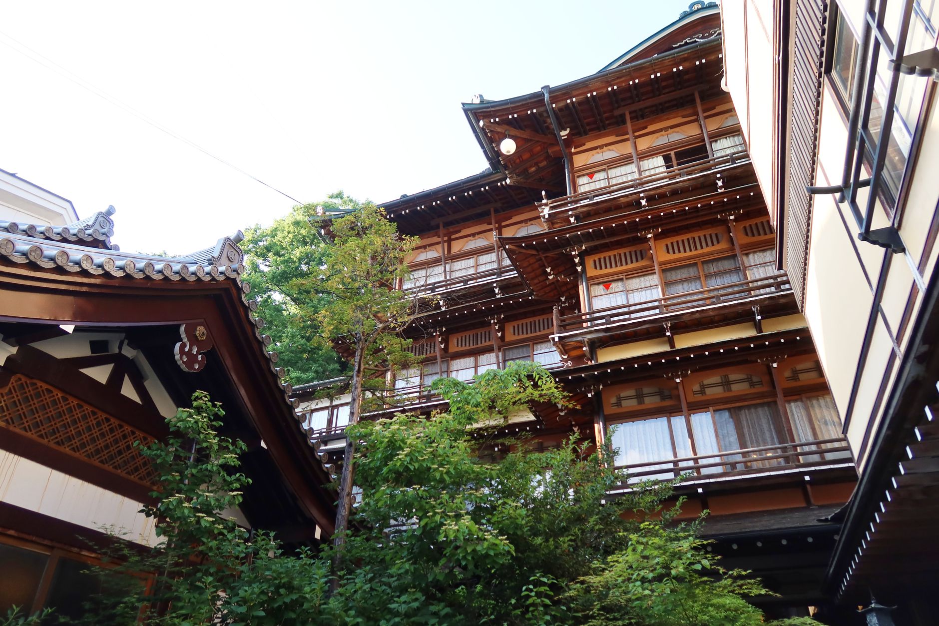 Traditional Japanese wooden ryokan garden pavilion
